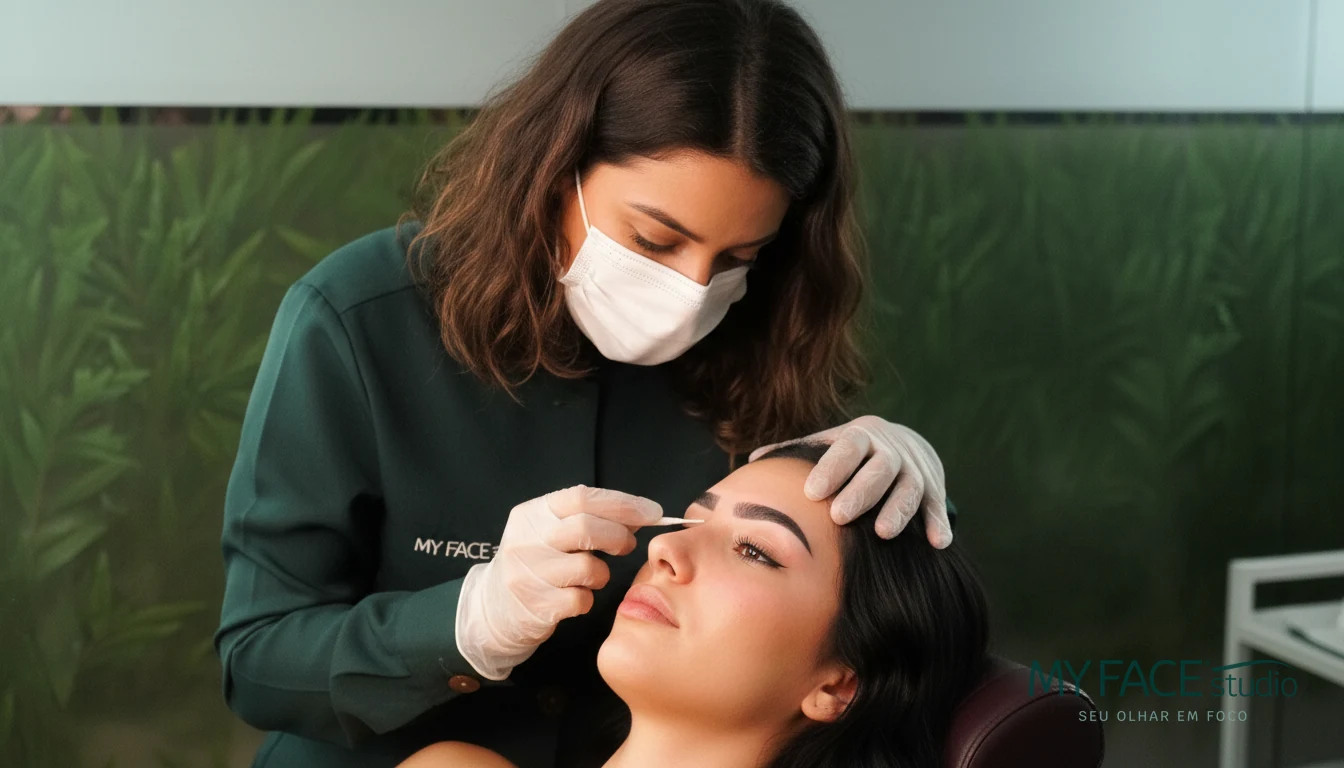 Profissional do My Face Studio cuidando das sobrancelhas micropigmentadas fio a fio da cliente.