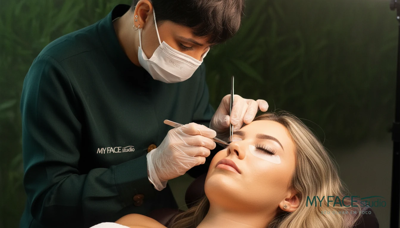 Profissional do My Face Studio realizando o trabalho de cílios na cliente, com pinça.