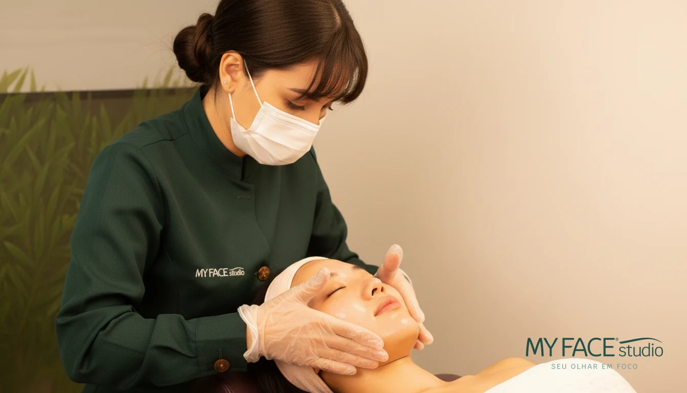Profissional do My Face Studio realizando a Limpeza de Pele Coreana — massagem facial com as mãos enluvadas e efeito glass skin na cliente.